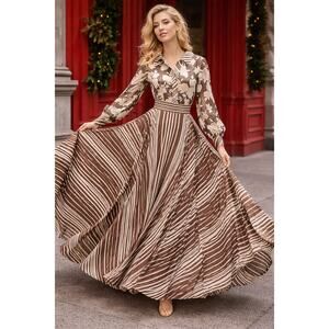 70s Brown Cream Organdy Floral Stripe Maxi Dress XS